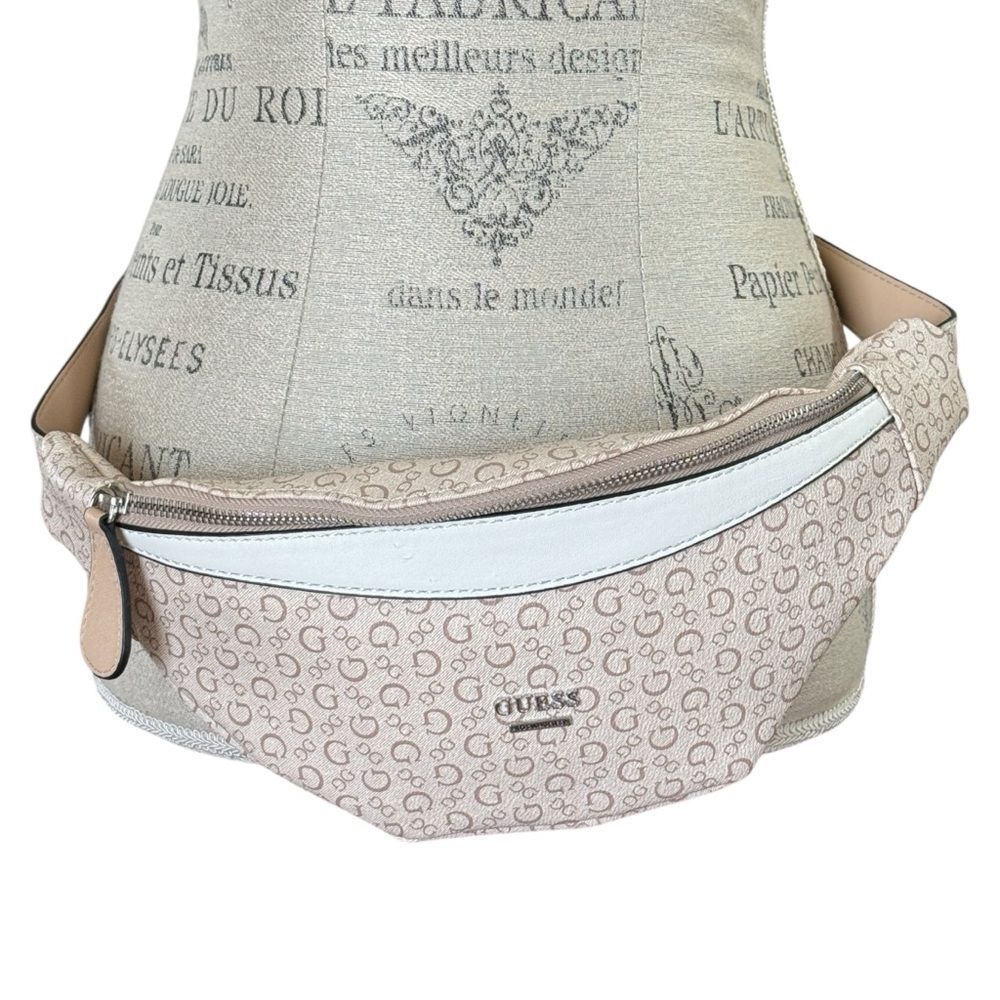Guess Monogram Logo Fanny Pack Cream And Beige With Silver Tone Hardware